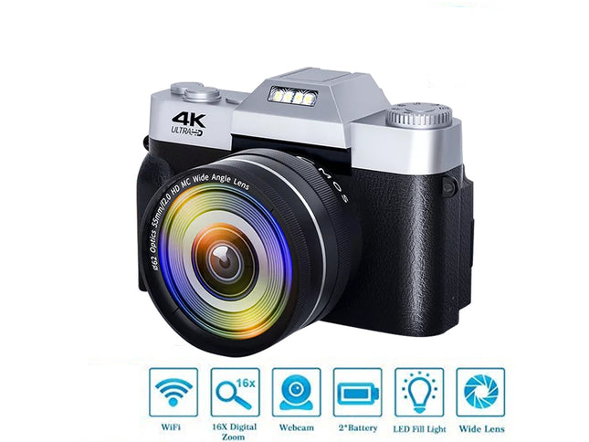 Digital camera with 4K resolution on a white background