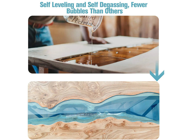 Wooden surface with liquid being poured, showing a cross-section of layers below.