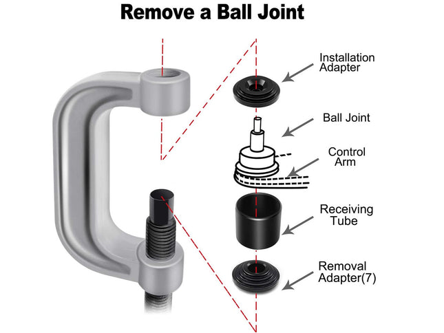 Diagram showing how to remove a ball joint with labeled parts on a white background