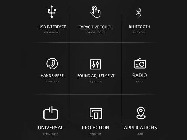 Set of icons representing various automotive features on a black background