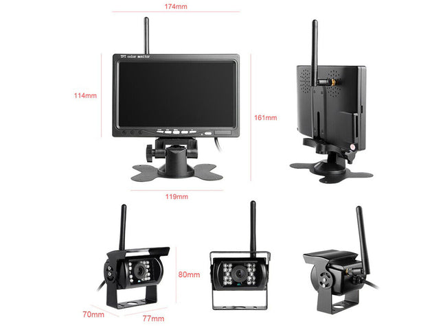 Measurement chart of a wireless camera system with monitors and cameras on a white background