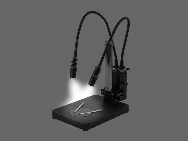 Microscope with dual lamp setup on a gray background