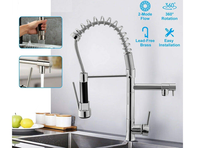 Kitchen faucet with multiple features highlighted on a white background