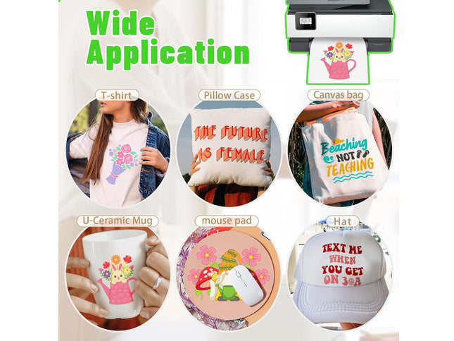 Promotional graphic showing various items with printed designs including t-shirts, pillow cases, canvas bags, mugs, mouse pads, and hats.