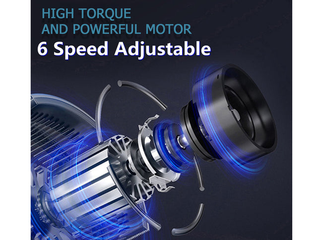 Motor with text highlighting high torque, powerful motor, and six-speed adjustable feature on a dark background.