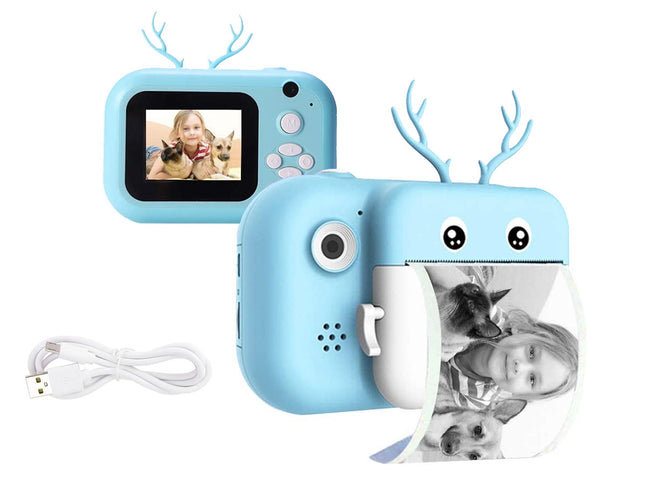 Children's toy camera with screen and reindeer antlers on a white background