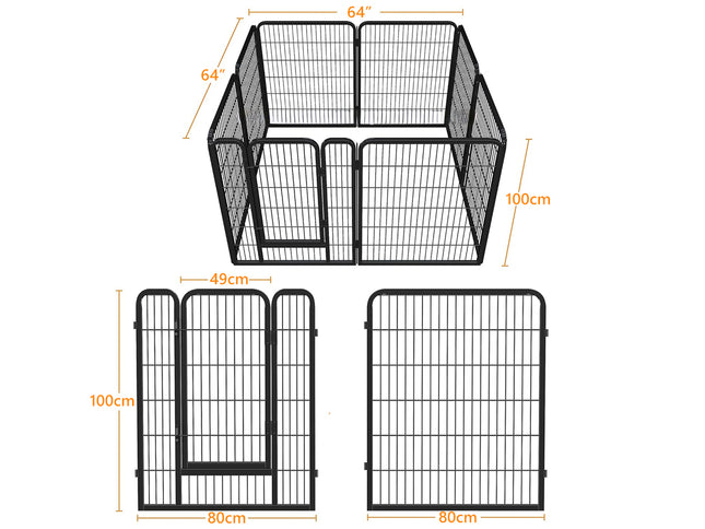 Dimensions of a black metal pet playpen with measurements in centimeters.
