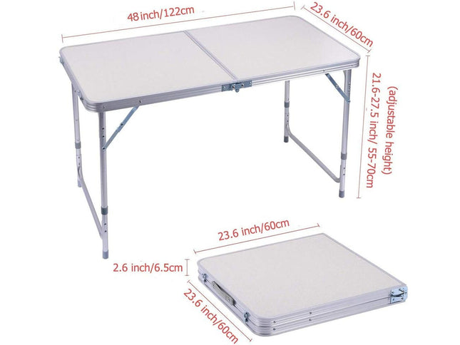 Folding table with dimensions labeled on a white background