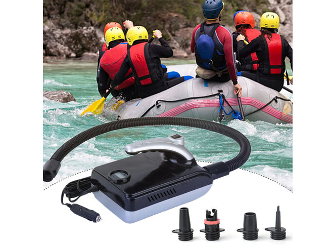 Inflatable raft with people wearing life jackets and a black air pump on a white background.