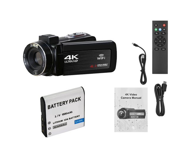 4K video camera with battery pack, remote control, and manual on a white background