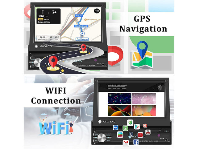 GPS navigation system with map display and WiFi connection feature on a white background