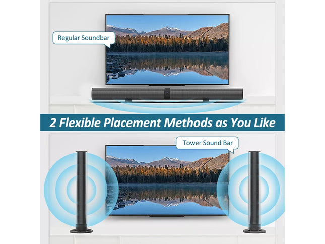 Soundbar with flexible placement methods shown on a TV screen