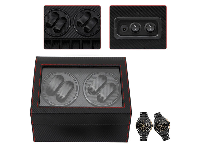 Black watch box with carbon fiber texture and two black watches on a white background
