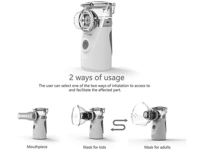 Inhaler device with mouthpiece, mask for kids, and mask for adults on a white background.