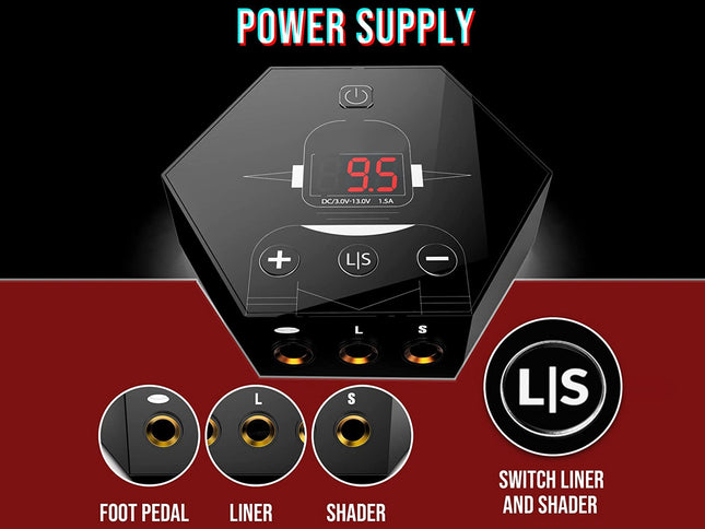 Power supply device with digital display and control buttons on a red and black background.