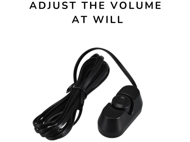 Black volume control knob with cable on a white background