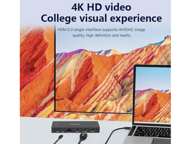 Laptop displaying a 4K HD video of a mountain landscape with text about 4K HD video quality.