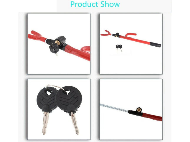 Set of keys and a tool with red and black components on a white background