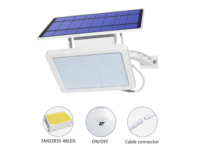 Solar light fixture with solar panel and LED lights on a white background