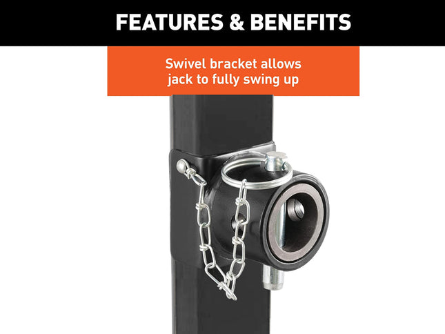 Swivel bracket on a jack with an orange feature box highlighting its function.