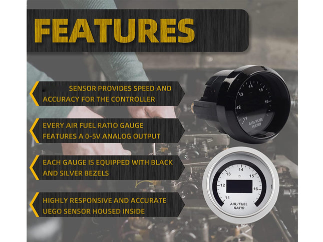 Gauges with features listed on a dark background