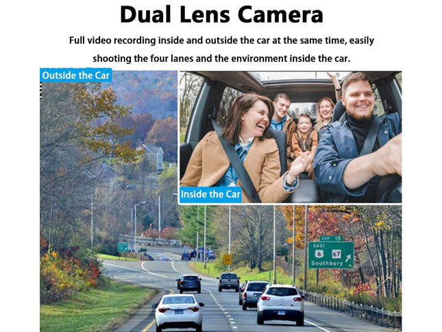Advertisement for a dual lens camera showing road and car interior views.