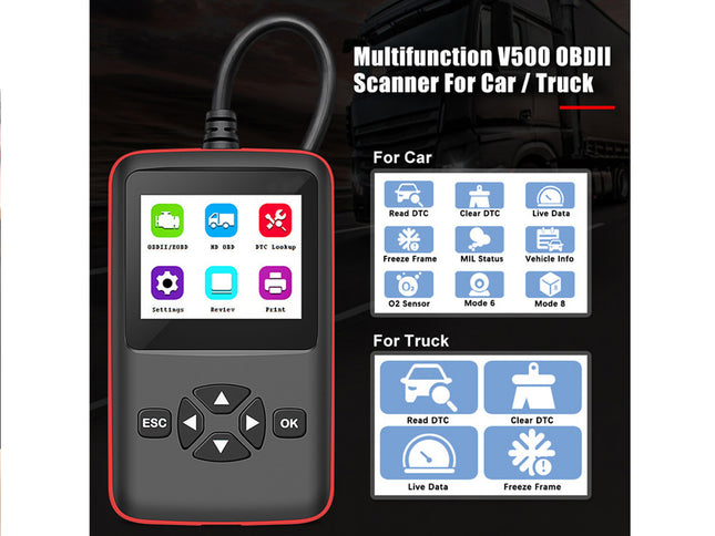 Multifunctional OBDII scanner for car and truck with display of features.