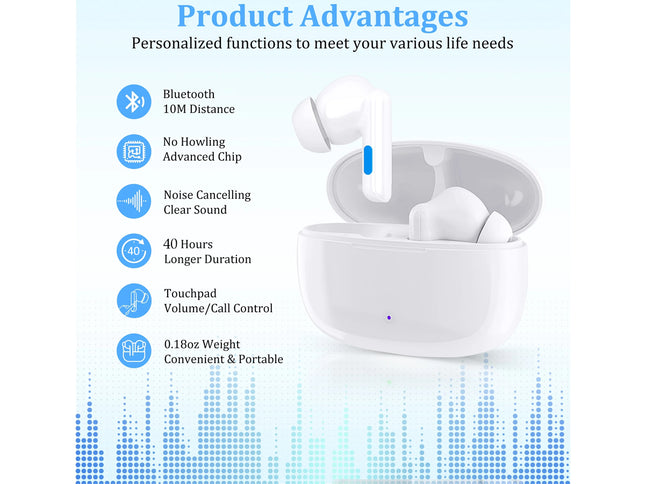 Wireless earbuds with charging case on a white background, featuring product advantages.