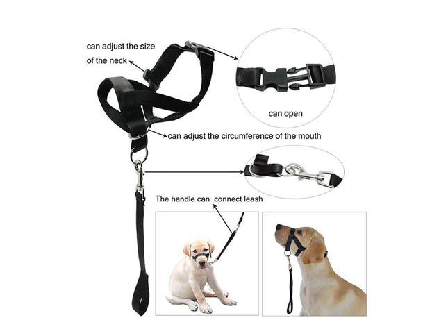 Dog muzzle with adjustable features and connection points for a leash, shown on a white background.