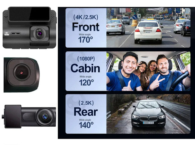 Car dashboard camera with front, cabin, and rear views displayed on a screen.