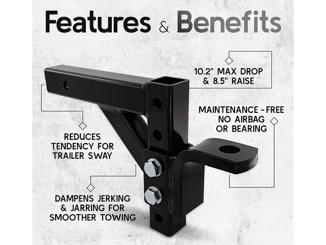 Black hitch receiver with features and benefits listed on a gray background