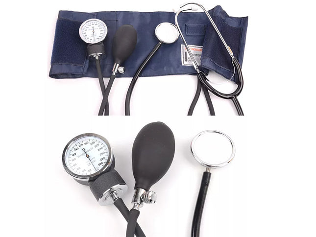 Blood pressure monitor and stethoscope set on a white background