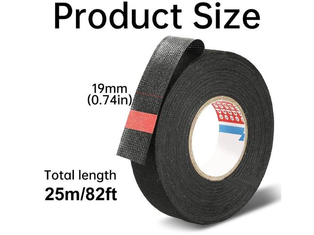 Black tape roll with product size details on a white background