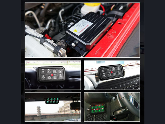 Collage of a car battery and charging system with close-up shots of the device and its display.