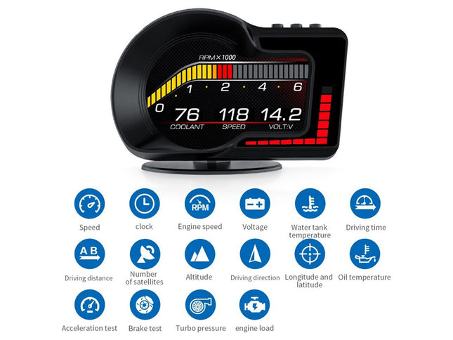 Car dashboard display with various metrics and icons on a white background