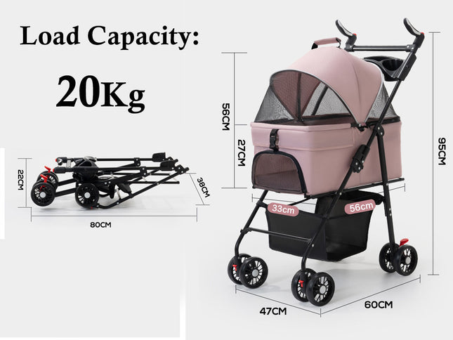 Pet stroller with dimensions and load capacity information on a white background