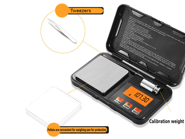 Digital pocket scale with tweezers, calibration weight, and pallets on a white background