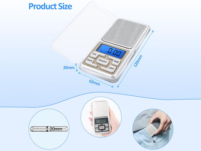 Digital pocket scale with dimensions and usage examples on a blue background