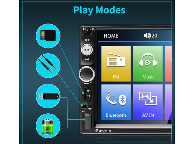 Car stereo system with play modes displayed on a screen