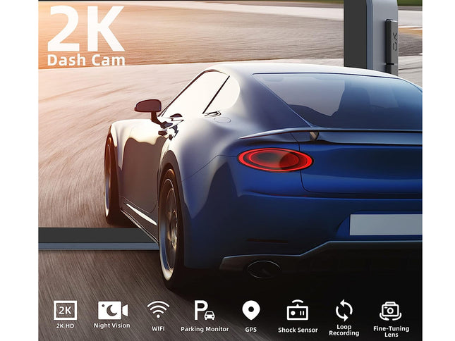 Blue car with 2K Dash Cam branding and features listed below.