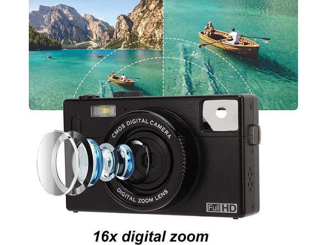 Digital camera with 16x digital zoom feature, surrounded by scenic images of a lake and mountains.