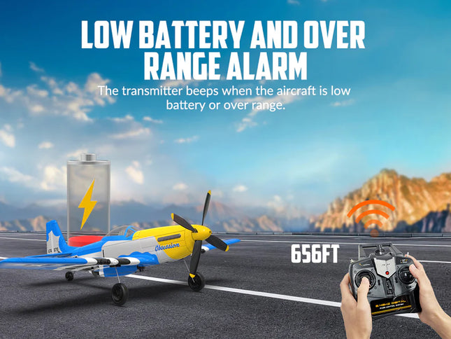 Model airplane on a runway with a remote control, battery, and text about low battery and over range alarm.