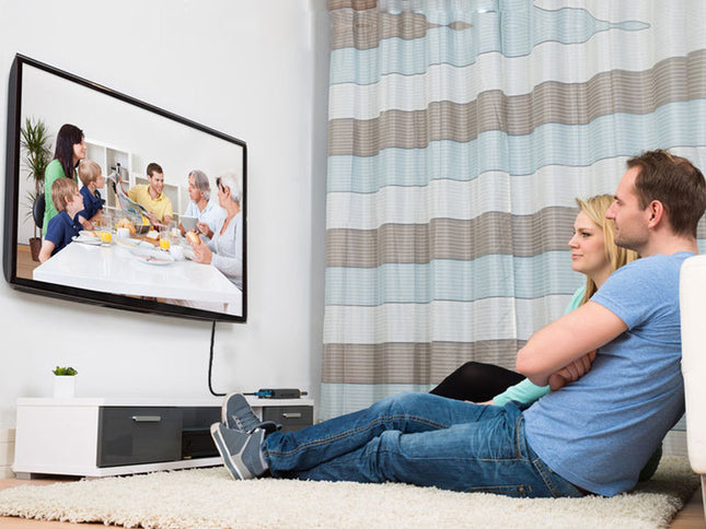 Couple sitting on a couch in a living room watching television.
