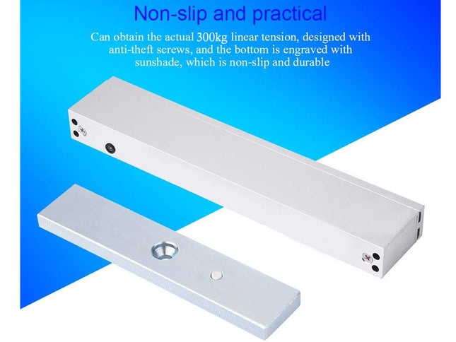 Metal brackets with text on a blue and white background