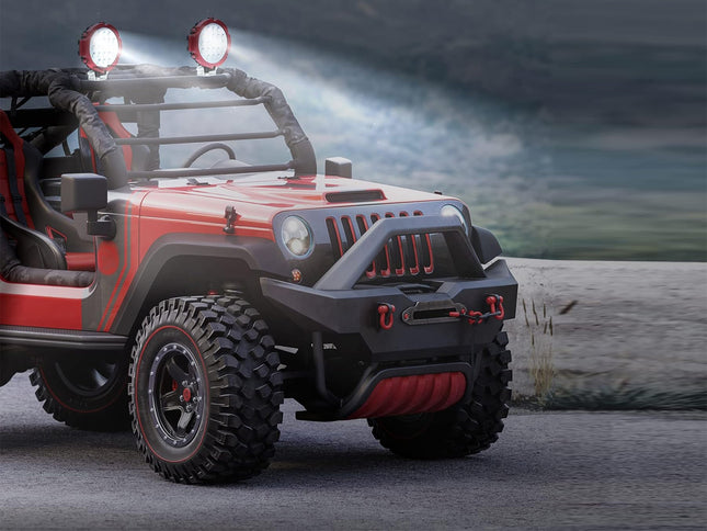 Red off-road vehicle with large tires and additional lights on a dark background