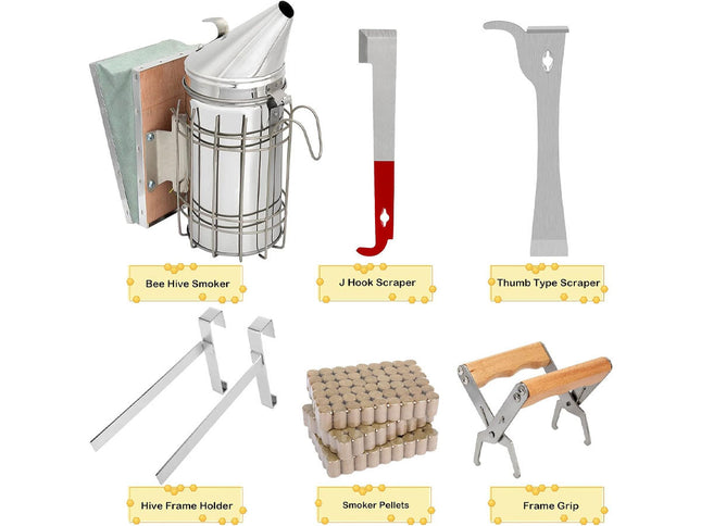 Collection of beekeeping tools including a smoker, scraper, frame holder, and pellets on a white background.