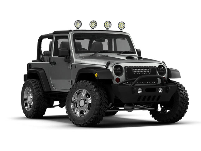 Silver off-road vehicle with large tires and additional lights on a white background
