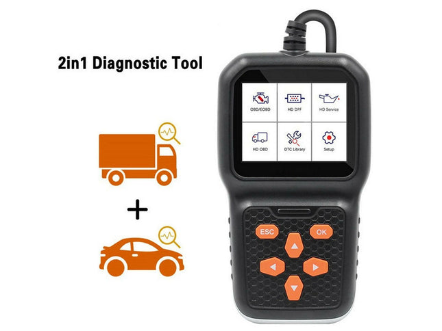 2in1 diagnostic tool with screen displaying icons and buttons on a white background