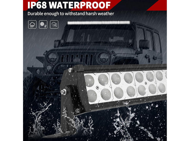 LED light bar with IP68 waterproof rating displayed against a rain-drenched vehicle background.