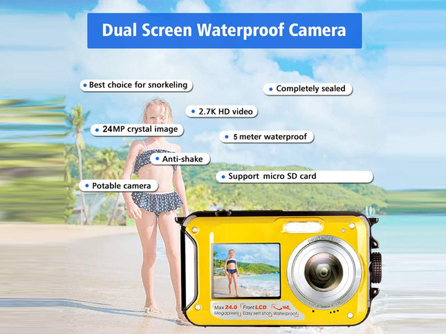 Yellow dual-screen waterproof camera with features listed, background of a beach scene.
